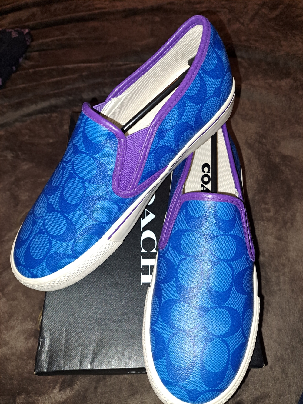 Coach Blue Signature Slip-On Sneakers with Purple Piping Mens 9, fits Womens 11